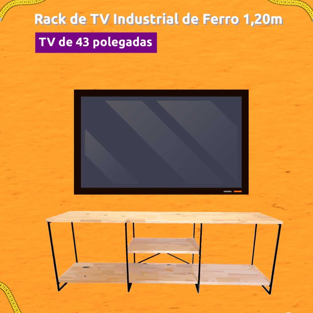 Rack de TV Industrial de Ferro e Madeira  1,20m Carvalho e Preto
