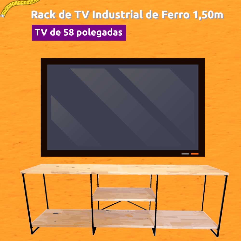 Rack de TV Industrial de Ferro e Madeira  1,50m Natural e Branco