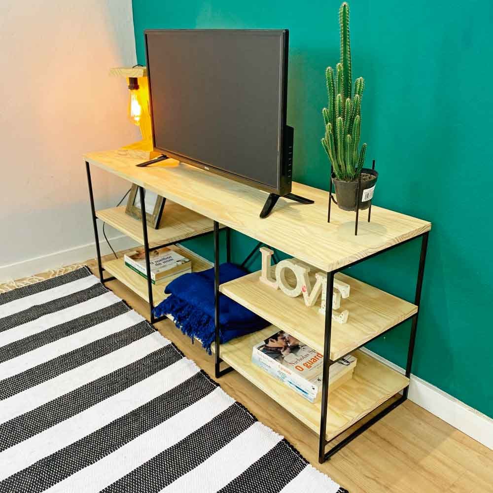 Rack de TV Industrial de Ferro e Madeira  Duo 1,20m Natural e Preto