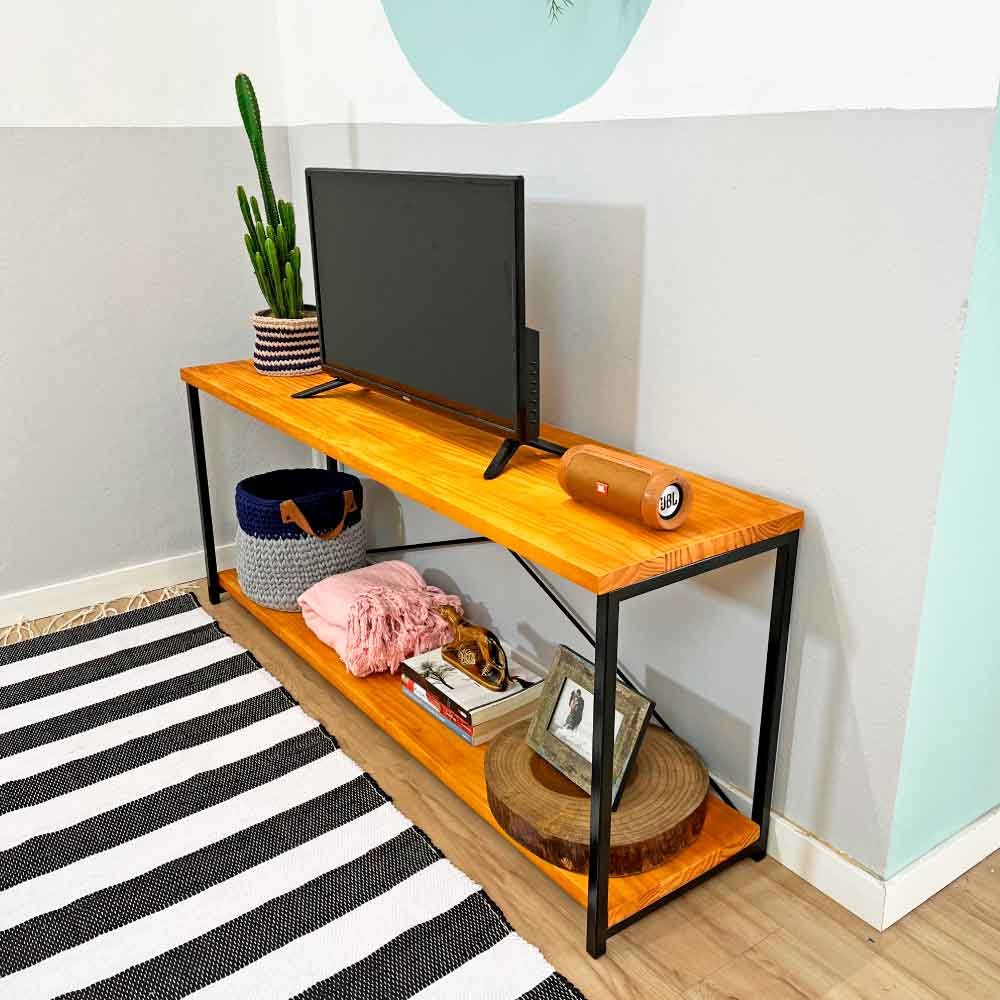 Rack de TV Industrial de Ferro e Madeira Style Square Carvalho e Preto