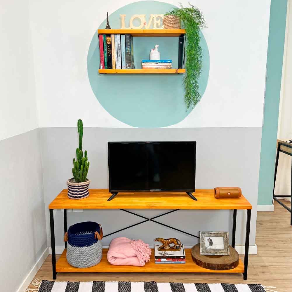 Rack de TV Industrial de Ferro e Madeira Style Square Carvalho e Preto