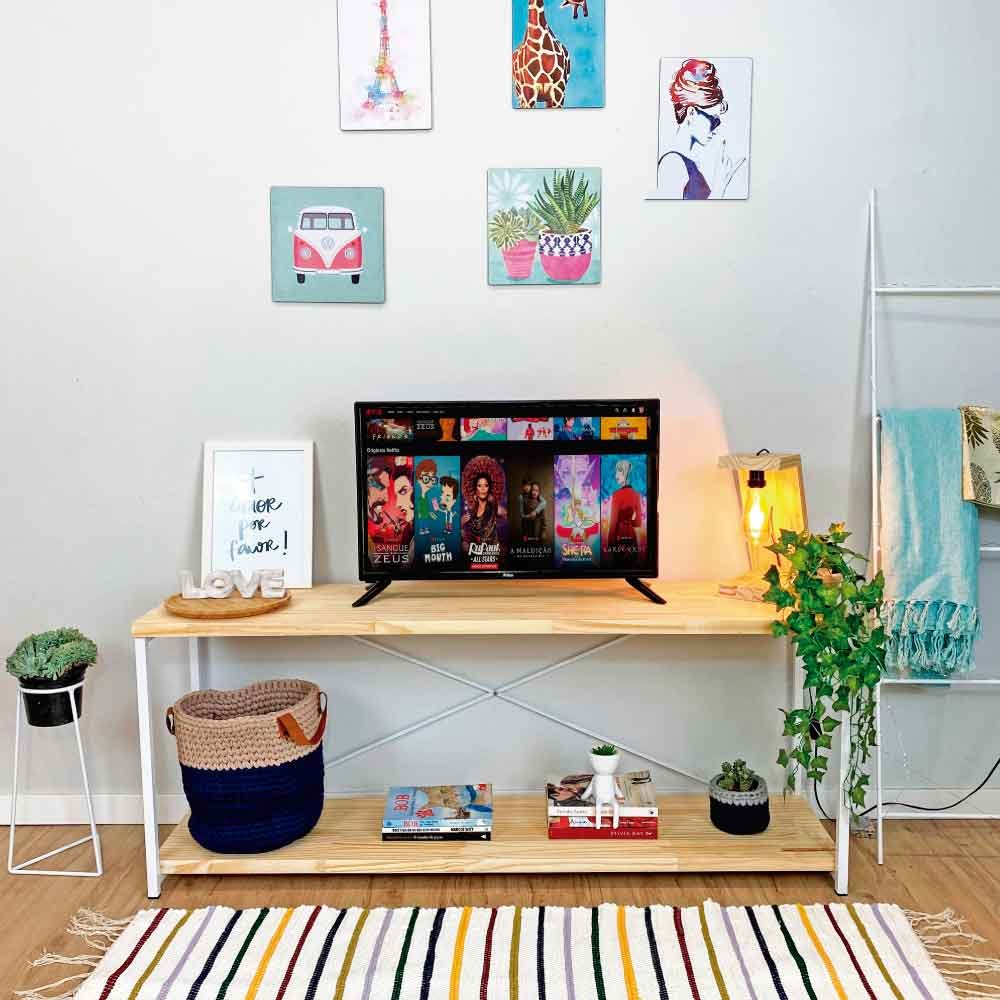 Rack de TV Industrial de Ferro e Madeira Style Square Natural e Branco