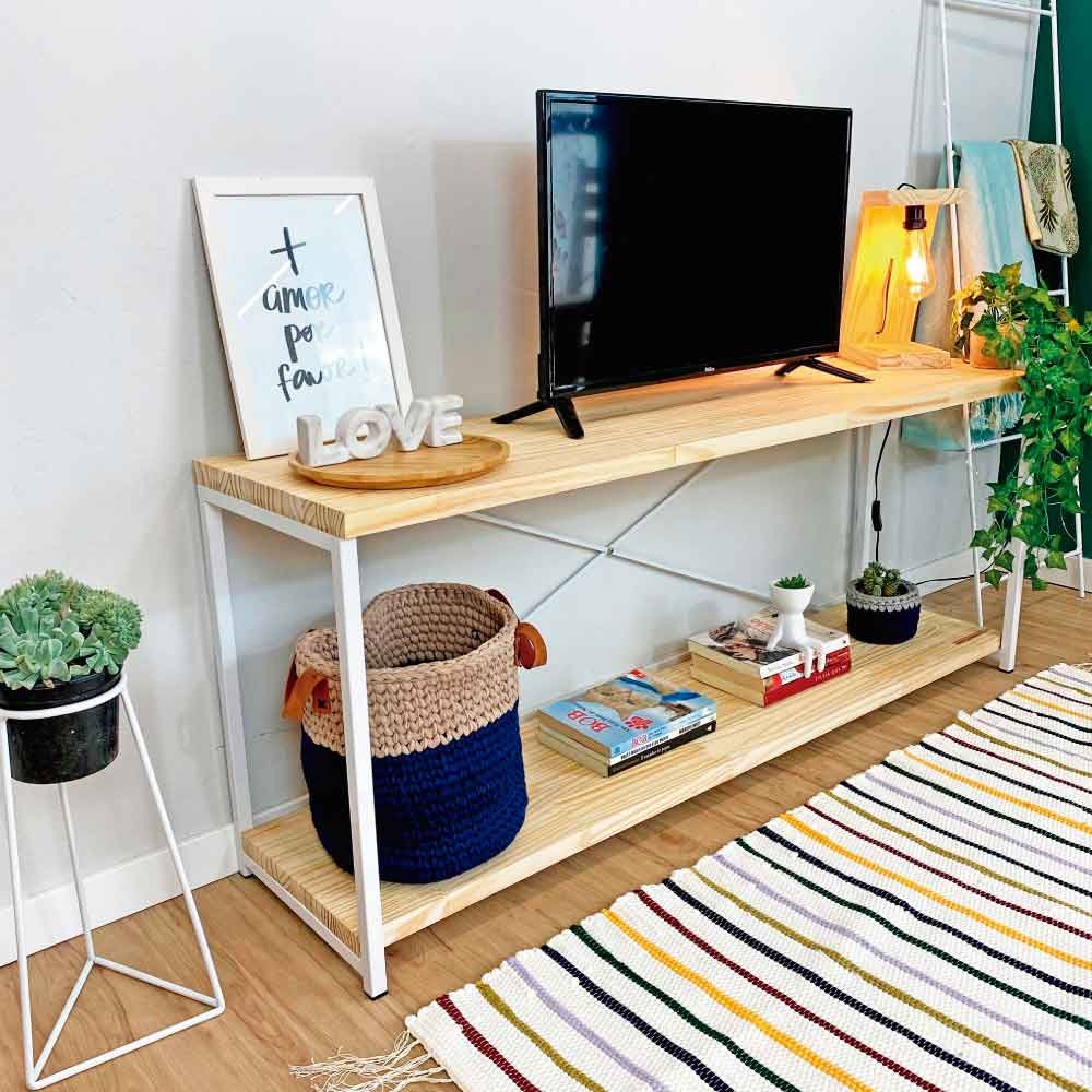 Rack de TV Industrial de Ferro e Madeira Style Square Natural e Branco