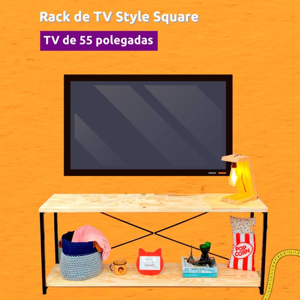 Rack de TV Industrial de Ferro e Madeira Style Square Natural e Branco