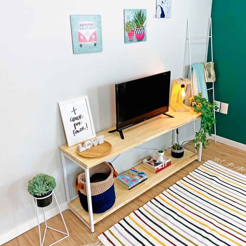 Rack de TV Industrial de Ferro e Madeira Style Square Natural e Branco