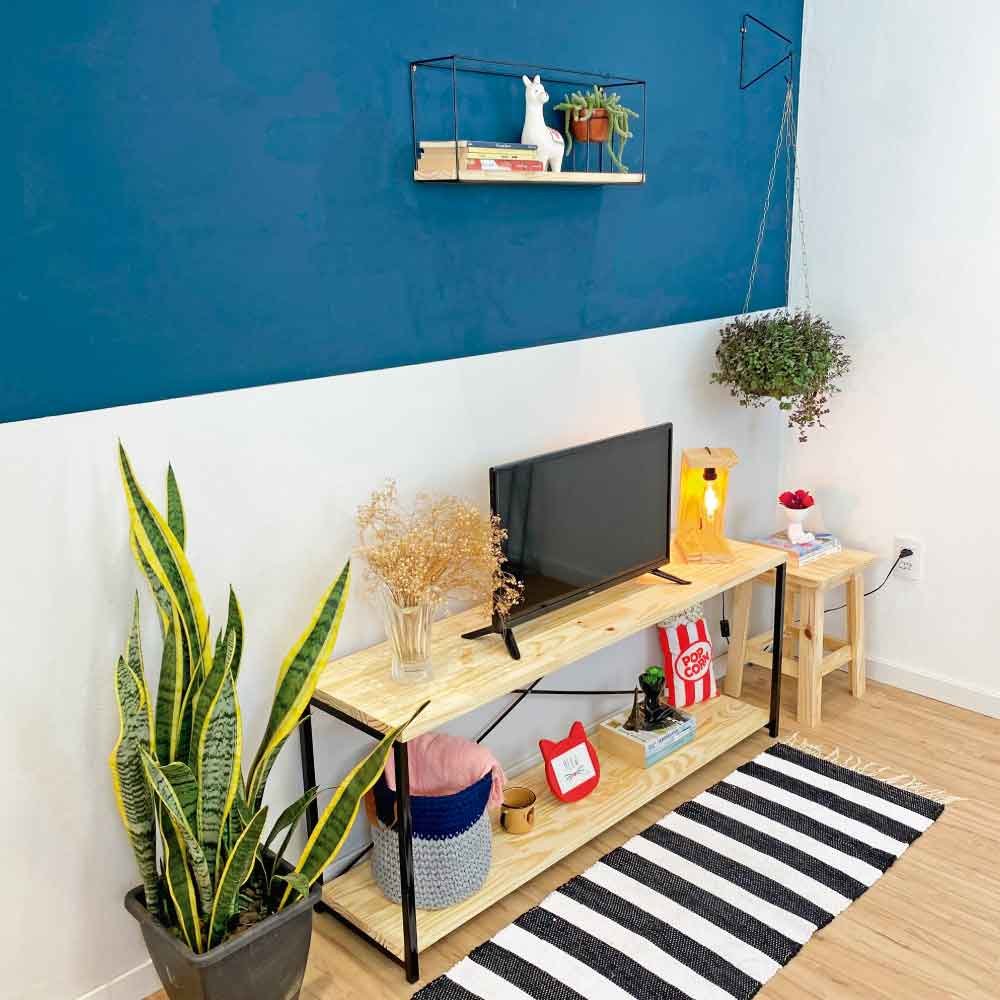 Rack de TV Industrial de Ferro e Madeira Style Square Natural e Preto