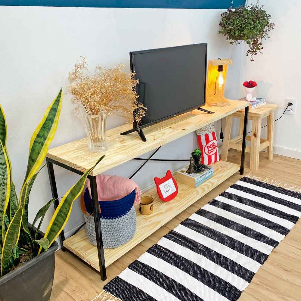 Rack de TV Industrial de Ferro e Madeira Style Square Natural e Preto