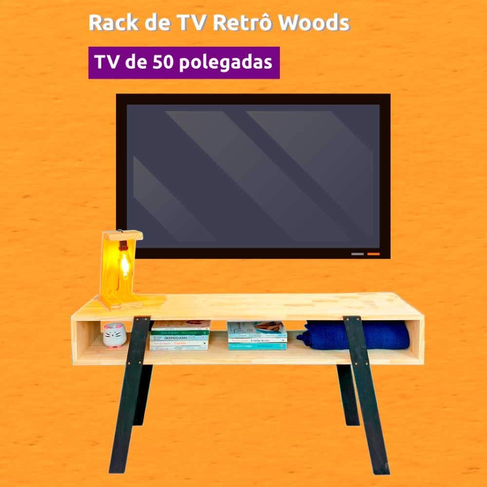 Rack de TV Retrô de Madeira Woods Natural e Preto