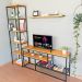 Rack de TV Style Industrial com Estante Style de Ferro e Madeira Slim 6 Prateleiras Carvalho e Preto