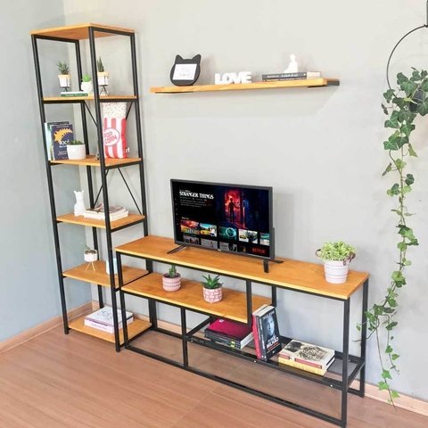 Rack de TV Style Industrial com Estante Style de Ferro e Madeira Slim 6 Prateleiras Carvalho e Preto