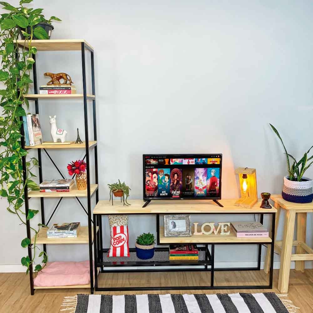 Rack de TV Style Industrial com Estante Style de Ferro e Madeira Slim 6 Prateleiras Natural e Preto