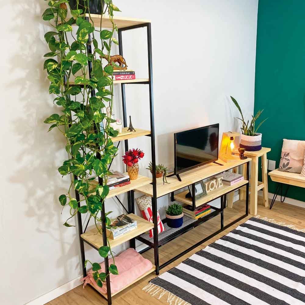 Rack de TV Style Industrial com Estante Style de Ferro e Madeira Slim 6 Prateleiras Natural e Preto
