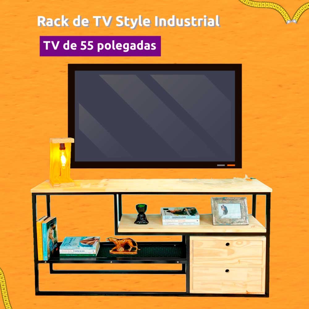 Rack de TV Style Industrial com Estante Style de Ferro e Madeira Slim 6 Prateleiras Natural e Preto