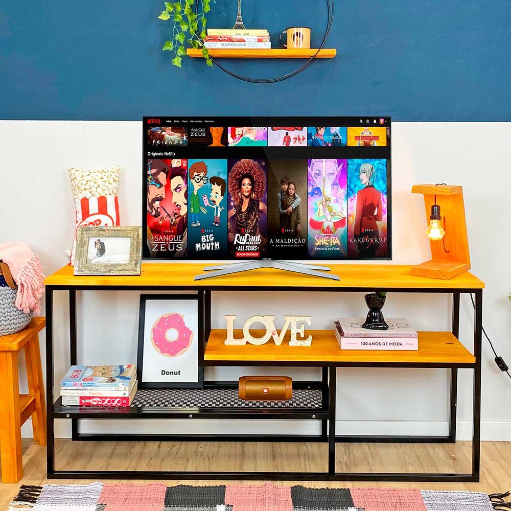 Rack de TV Style Industrial de Ferro e Madeira Carvalho e Preto