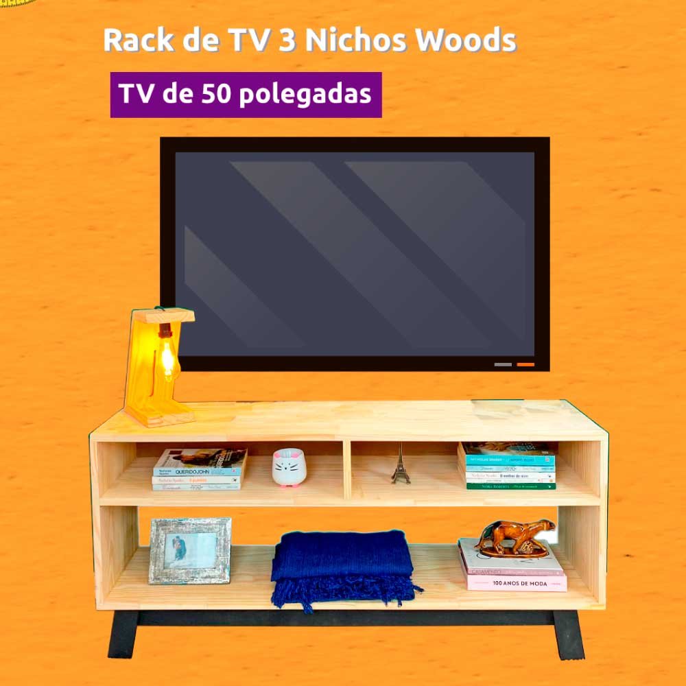 Rack de TV de Madeira 3 Nichos Woods Natural e Preto