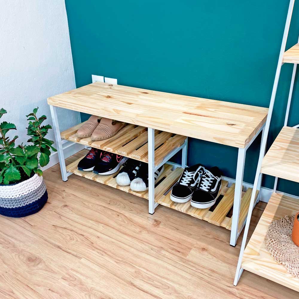Sapateira Banco Sarrafeada Style Industrial de Ferro e Madeira Natural e Branco