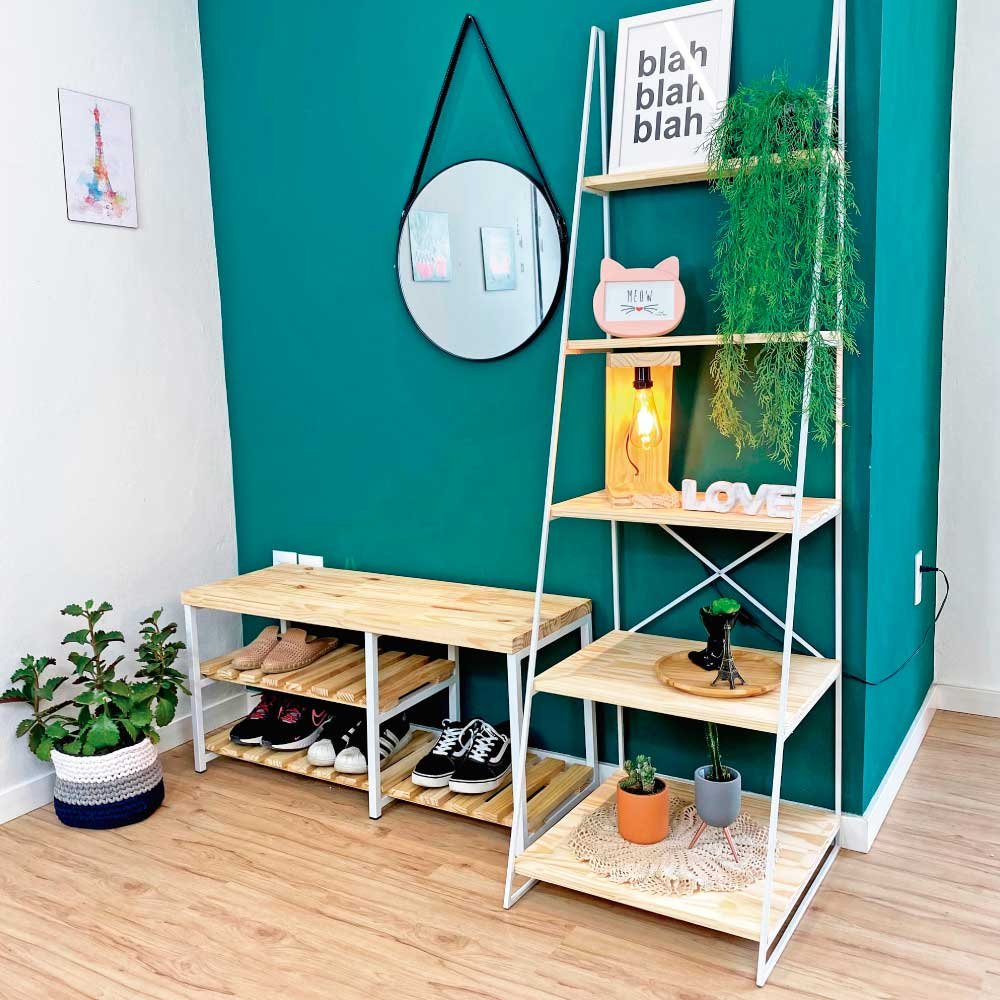Sapateira Banco Sarrafeada Style Industrial de Ferro e Madeira Natural e Branco