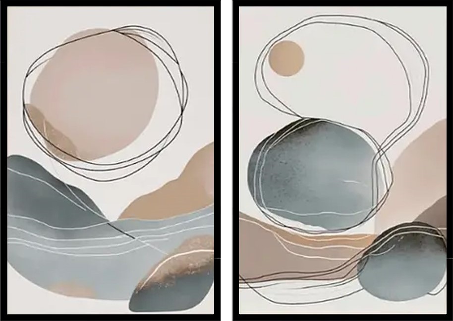 Kit com 2 Quadros Decorativos  60x40 cm Abstrato Mancha com Moldura Caixa, na posição Vertical, ideal para ambiente de Sala, Quarto e Hall