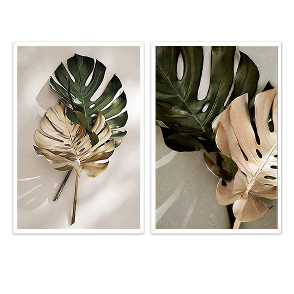 Kit com 2 Quadros Decorativos 60x40 cm Natureza Costela de Adão com Moldura Caixa Preta com 3cm de profundidade, na posição Vertical ideal para ambiente de Sala, Quarto e Hall.
