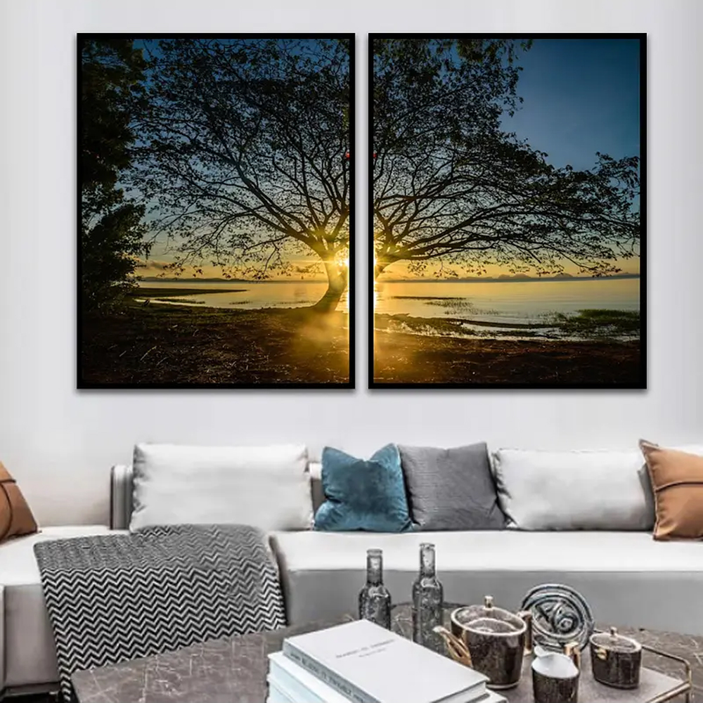 Kit com 2 Quadros Decorativos 60x40 cm Paisagem Por do Sol com Moldura Caixa Preta, na posição Vertical ideal para ambiente de Sala, Quarto e Hall.