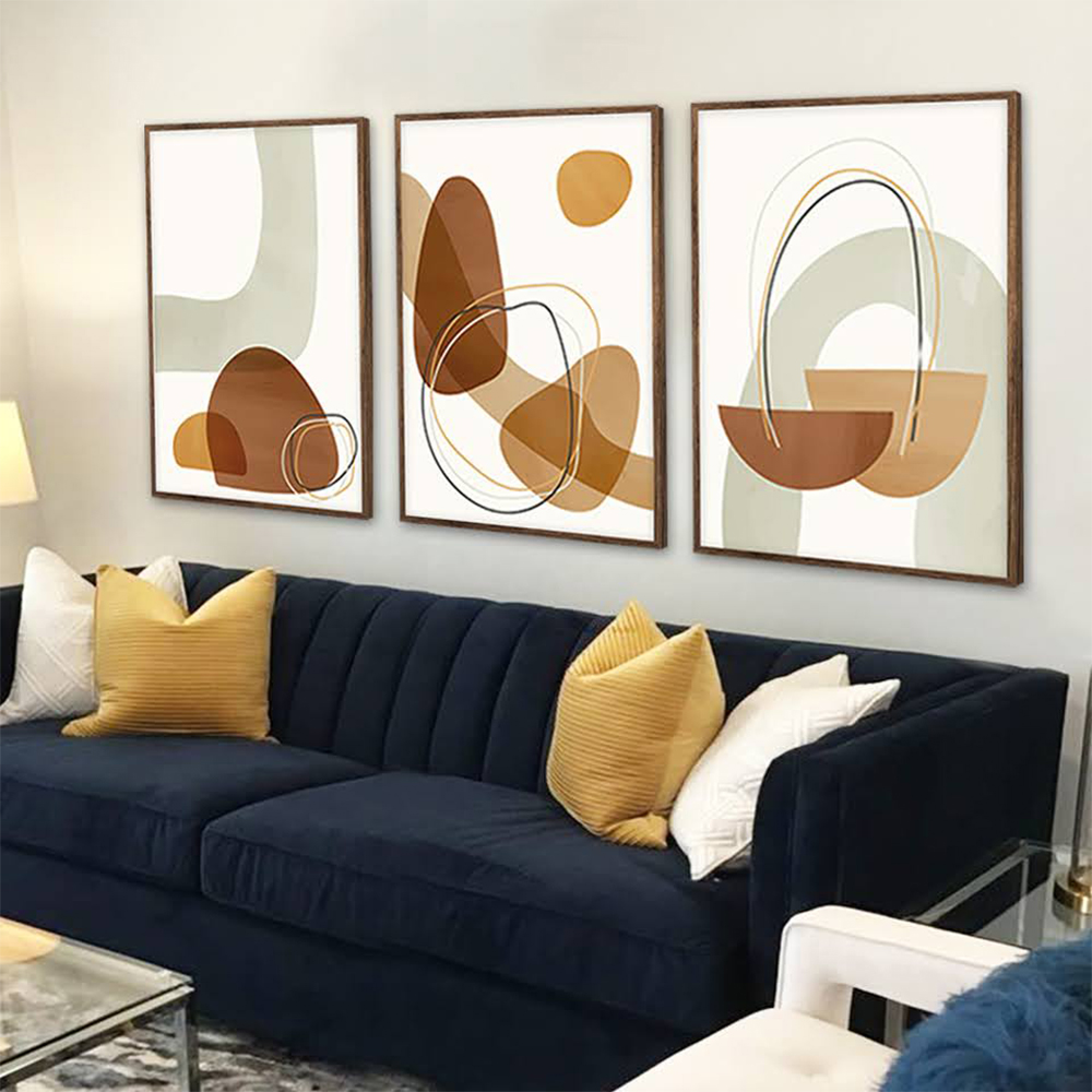 Kit com 3 Quadros Decorativos 70x50 cm Abstrato Boho com Moldura Caixa Preta de 3cm de profundidade, na posição Vertical ideal para ambiente de Sala, Quarto e Hall.