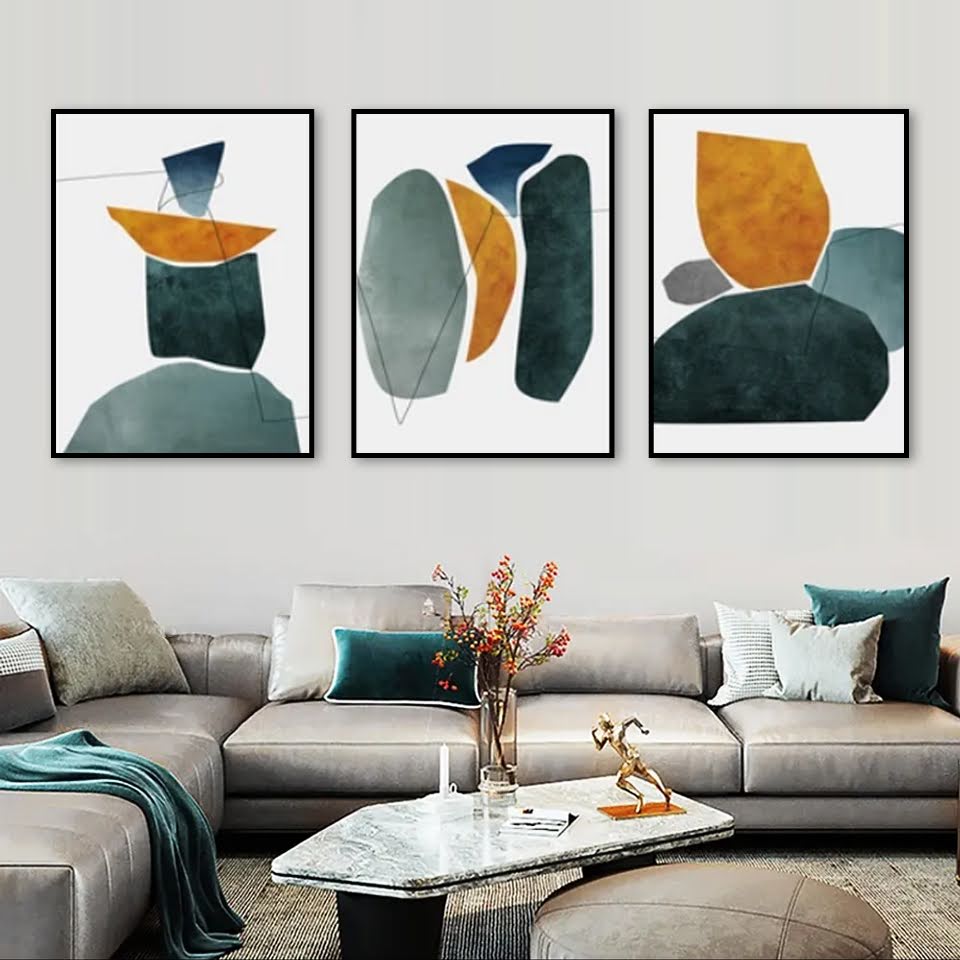 Kit com 3 Quadros Decorativos 70x50 cm Abstrato MInimalista com Moldura Caixa Preta, na posição Vertical ideal para ambiente de Sala, Quarto e Hall.