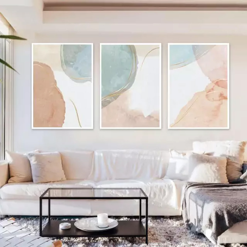Kit com 3 Quadros Decorativos 70x50 cm Abstrato Mancha com Moldura Caixa Branca de 3cm de profundidade, na posição Vertical ideal para ambiente de Sala, Quarto e Hall.