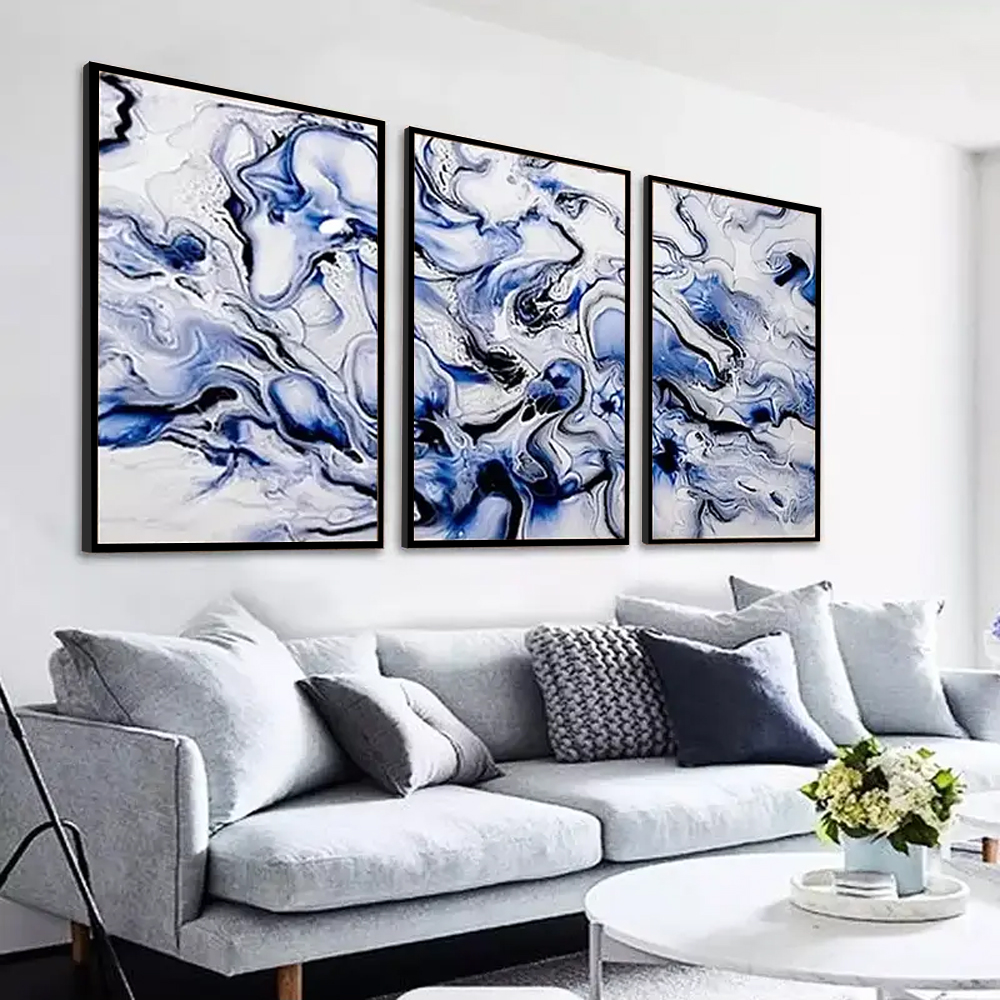 Kit com 3 Quadros Decorativos 70x50 cm Abstrato Marmorizado com Moldura Caixa Preta, na posição Vertical ideal para ambiente de Sala, Quarto e Hall.