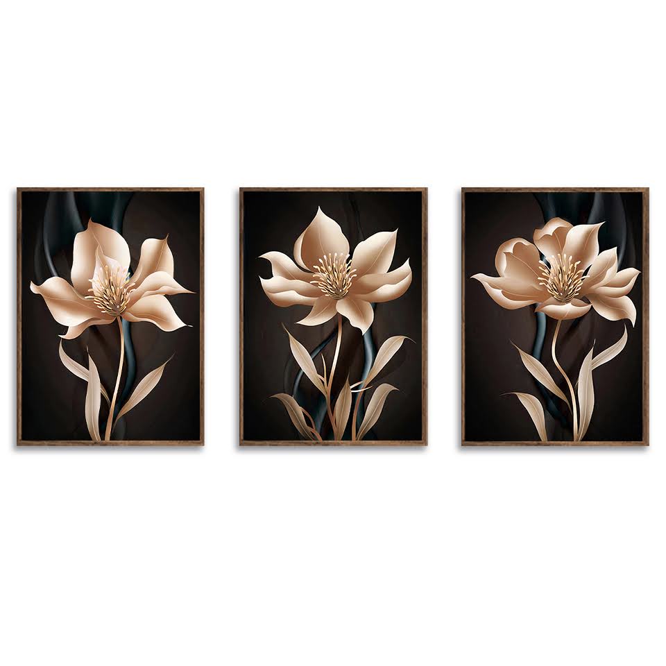 Kit com 3 Quadros Decorativos 70x50 cm Floral Dourado com Moldura Caixa Preta, na posição Vertical ideal para ambiente de Sala, Quarto e Hall.