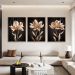 Kit com 3 Quadros Decorativos 70x50 cm Floral Dourado com Moldura Caixa Preta, na posição Vertical ideal para ambiente de Sala, Quarto e Hall.