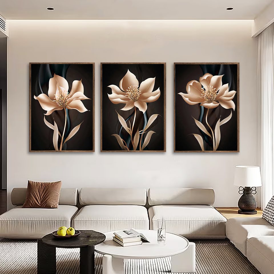 Kit com 3 Quadros Decorativos 70x50 cm Floral Dourado com Moldura Caixa Preta, na posição Vertical ideal para ambiente de Sala, Quarto e Hall.