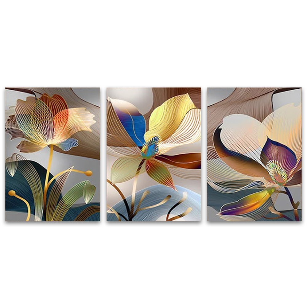 Kit com 3 Quadros Decorativos 70x50 cm Floral Moderno, Tela Canvas, na posição Vertical ideal para ambiente de Sala de Estar, Sala de Estar, Sala de Reunião, Quarto e Hall.