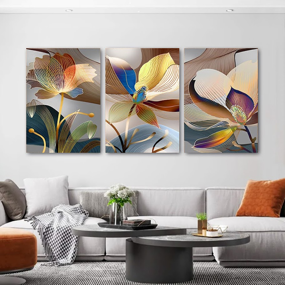 Kit com 3 Quadros Decorativos 70x50 cm Floral Moderno, Tela Canvas, na posição Vertical ideal para ambiente de Sala de Estar, Sala de Estar, Sala de Reunião, Quarto e Hall.