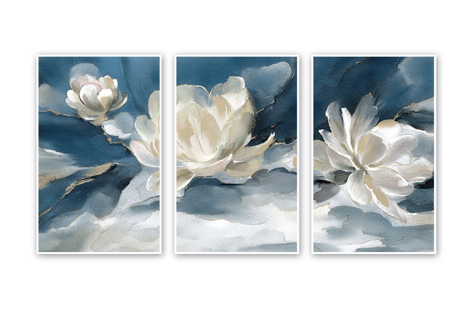 Kit com 3 Quadros Decorativos 70x50 cm Floral Romantico com Moldura Caixa Branca, na posição Vertical ideal para ambiente de Sala, Quarto e Hall