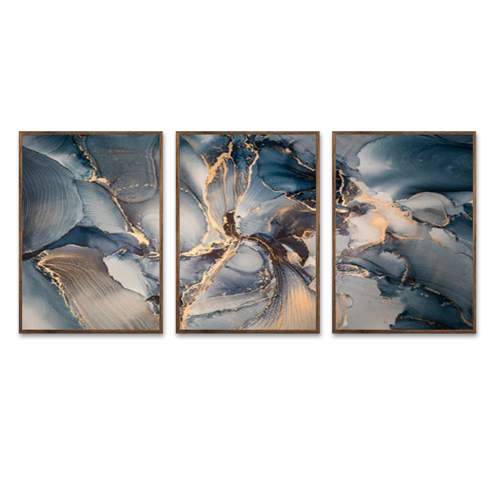 Kit com 3 Quadros Decorativos 70x50 cm Geometrico Veu com Moldura Caixa Preta de 3cm de profundidade, na posição Vertical ideal para ambiente de Sala, Quarto e Hall.
