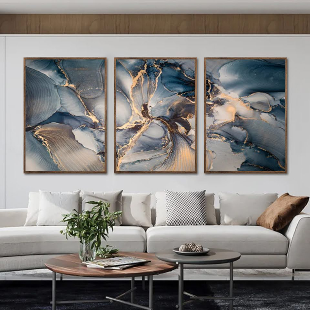 Kit com 3 Quadros Decorativos 70x50 cm Geometrico Veu com Moldura Caixa Preta de 3cm de profundidade, na posição Vertical ideal para ambiente de Sala, Quarto e Hall.