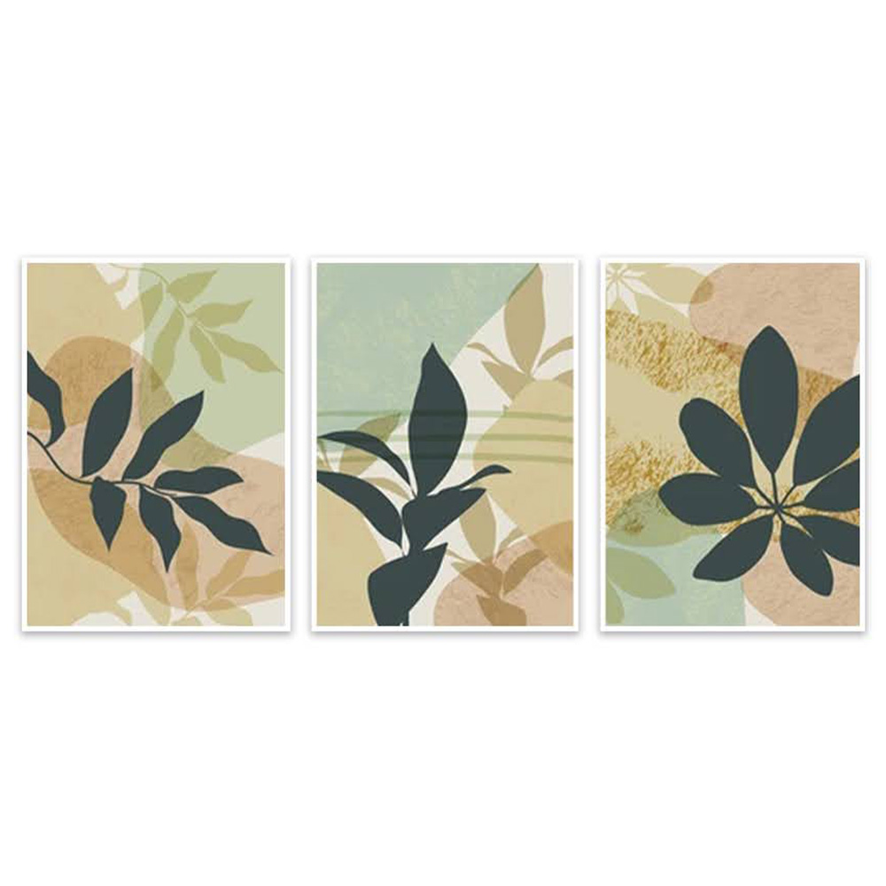 Kit com 3 Quadros Decorativos 70x50 cm Natureza Folhagem com Moldura Caixa Branca de 3cm de profundidade, na posição Vertical ideal para ambiente de Sala, Quarto e Hall.