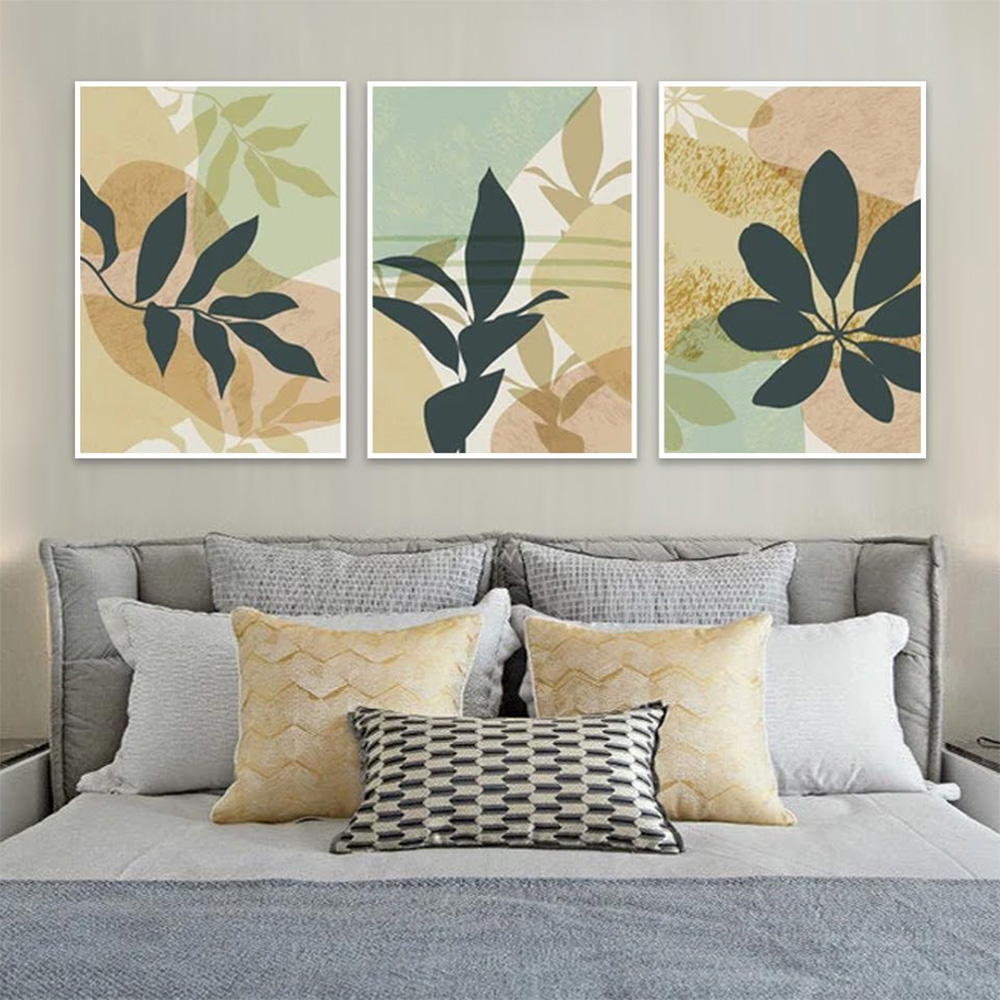 Kit com 3 Quadros Decorativos 70x50 cm Natureza Folhagem com Moldura Caixa Branca de 3cm de profundidade, na posição Vertical ideal para ambiente de Sala, Quarto e Hall.