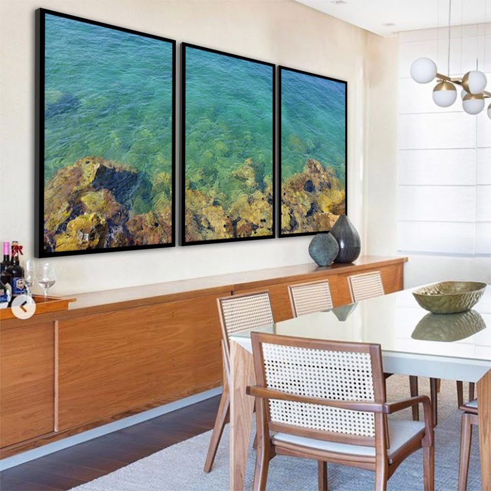 Kit com 3 Quadros Decorativos 70x50 cm Natureza Mar com Moldura Caixa Preta de 3cm de profundidade, na posição Vertical ideal para ambiente de Sala, Quarto e Hall.