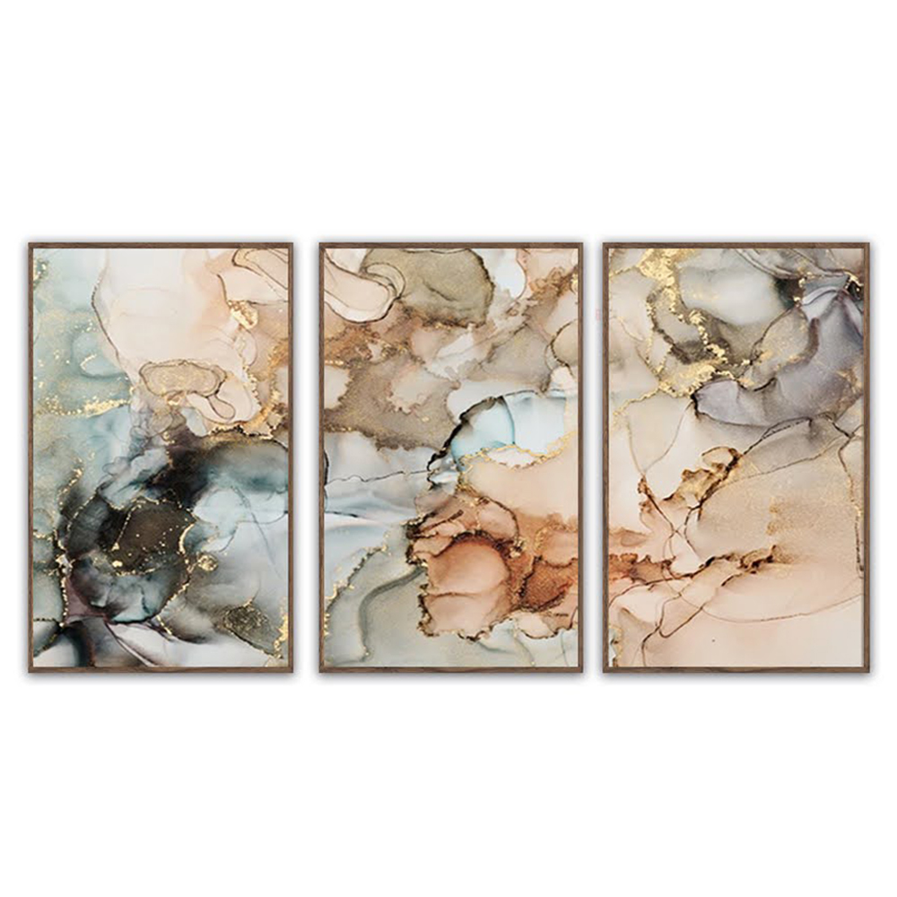 Kit com 3 Quadros Decorativos 70x50 cmAbstrato Manchas com Moldura Caixa Nogueira de 3cm de profundidade, na posição Vertical ideal para ambiente de Sala, Quarto e Hall