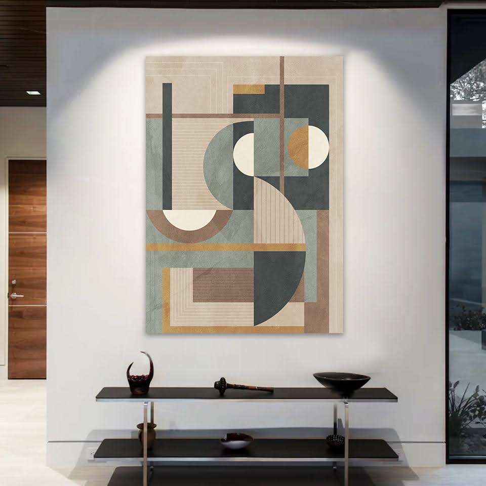 Quadro Decorativo Abstrato Geometrico com Moldura Caixa, na posição Horizontal, ideal para ambiente de Sala, Quarto, Escritorio e Hall de Entrada  (90x70cm)