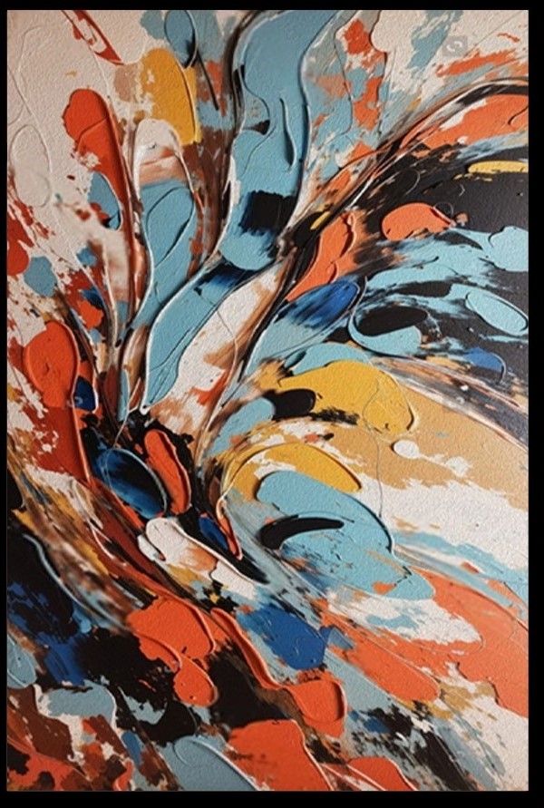 Quadro Decorativo Abstrato Vibrante com Moldura Caixa Preta, na posição Vertical, ideal para ambiente de Sala, Quarto, Escritorio e Hall (100x70 cm)