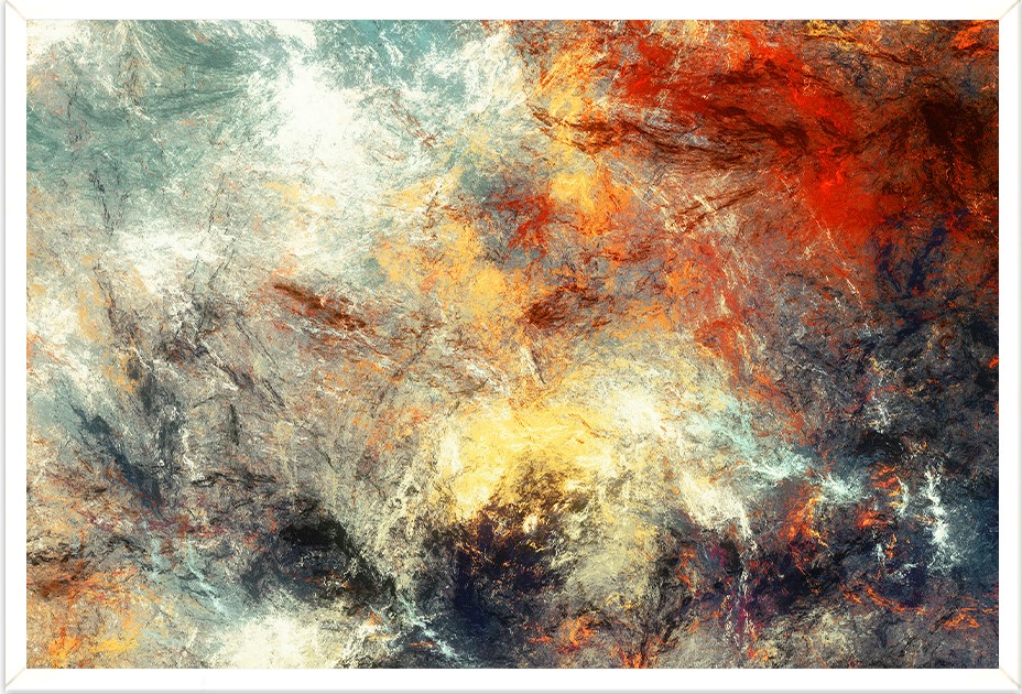 Quadro Decorativo Abstrato Vibrante com Moldura Caixa, na posição Horizontal, ideal para ambiente de Sala, Quarto e Hall (Moldura Branca, 100x70 cm)
