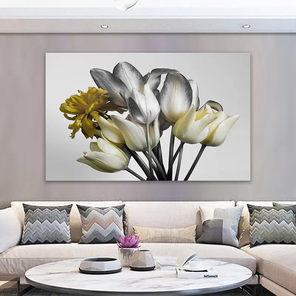 Quadro Decorativo Floral Fotografico Tulipas e Margaridas, Tela em Canvas na Horizontal ideal para ambiente de Sala de estar, jantar, reuniões, Quarto e Hall de entrada