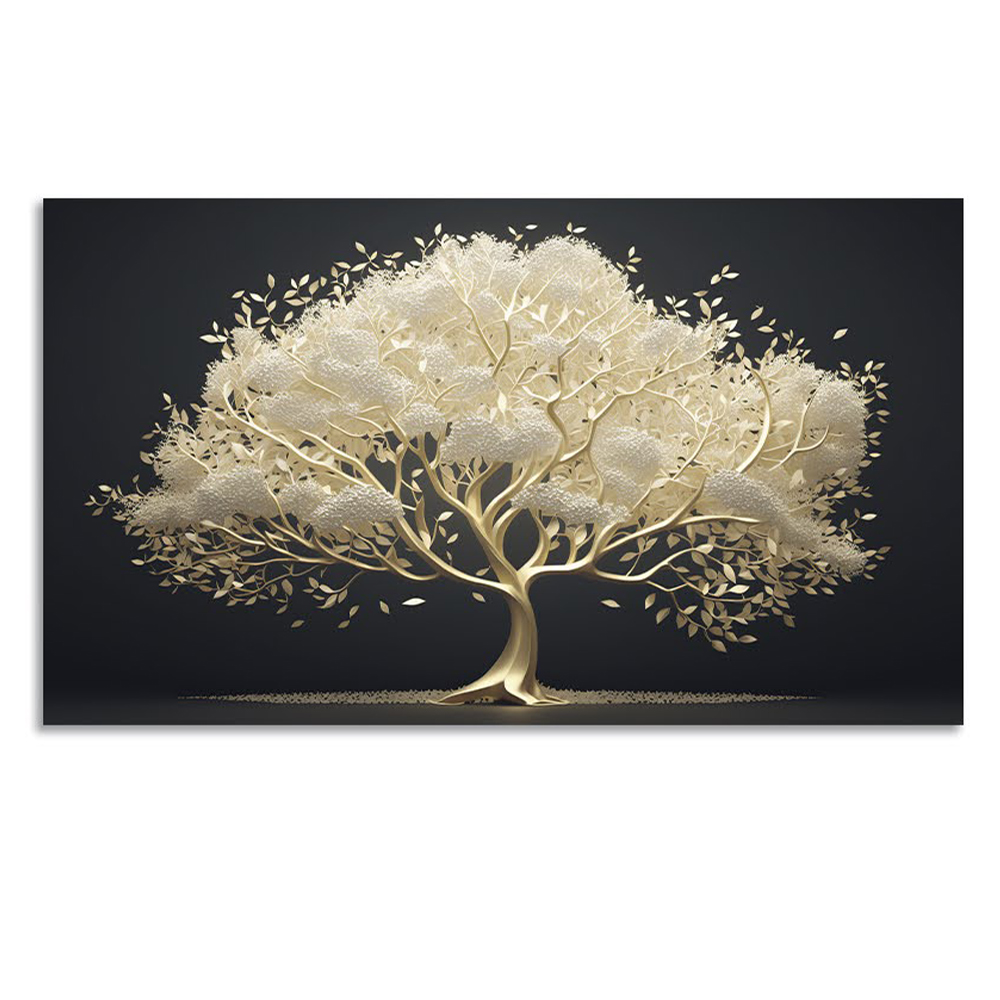 Quadro Decorativo Floral Pintura Arvore Dourada, Tela em Canvas na Horizontal ideal para ambiente de Sala de estar, jantar, reuniões, Quarto e Hall de entrada