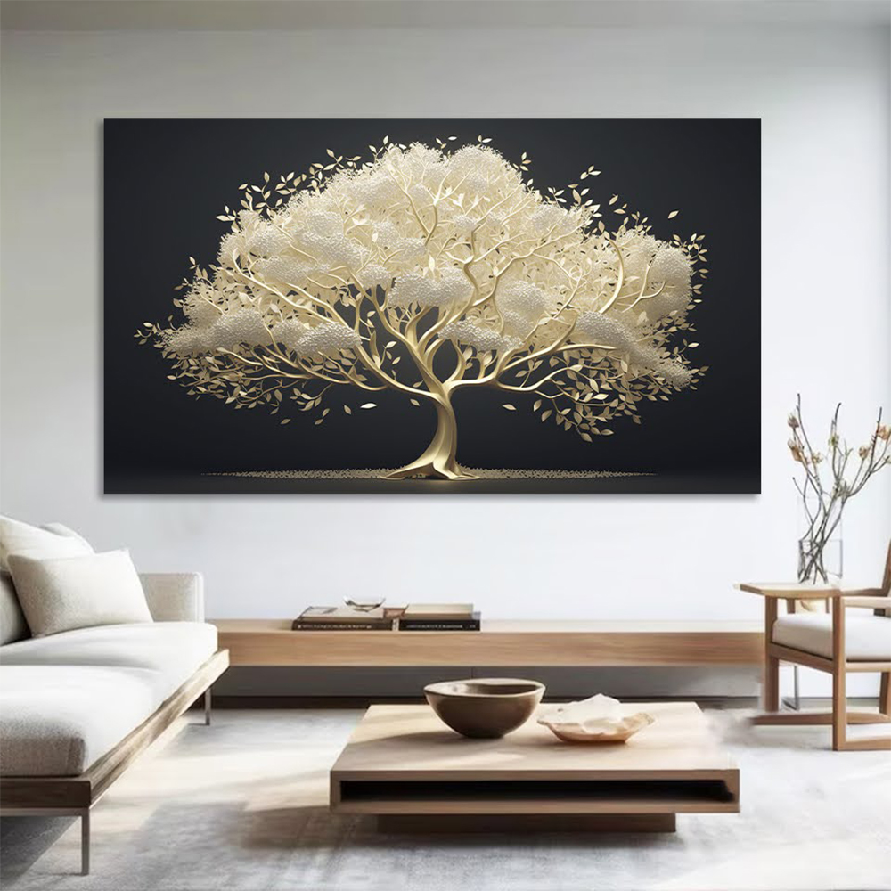Quadro Decorativo Floral Pintura Arvore Dourada, Tela em Canvas na Horizontal ideal para ambiente de Sala de estar, jantar, reuniões, Quarto e Hall de entrada