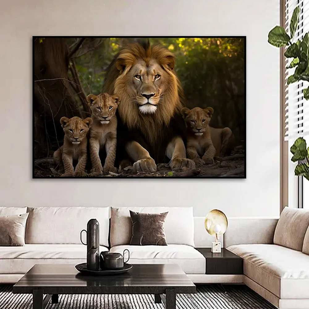 Quadro Decorativo Leão Natureza com Moldura Caixa de 3cm de Profundidade, na posição Horizontal, ideal para ambiente de Sala, Quarto e Hall de Entrada