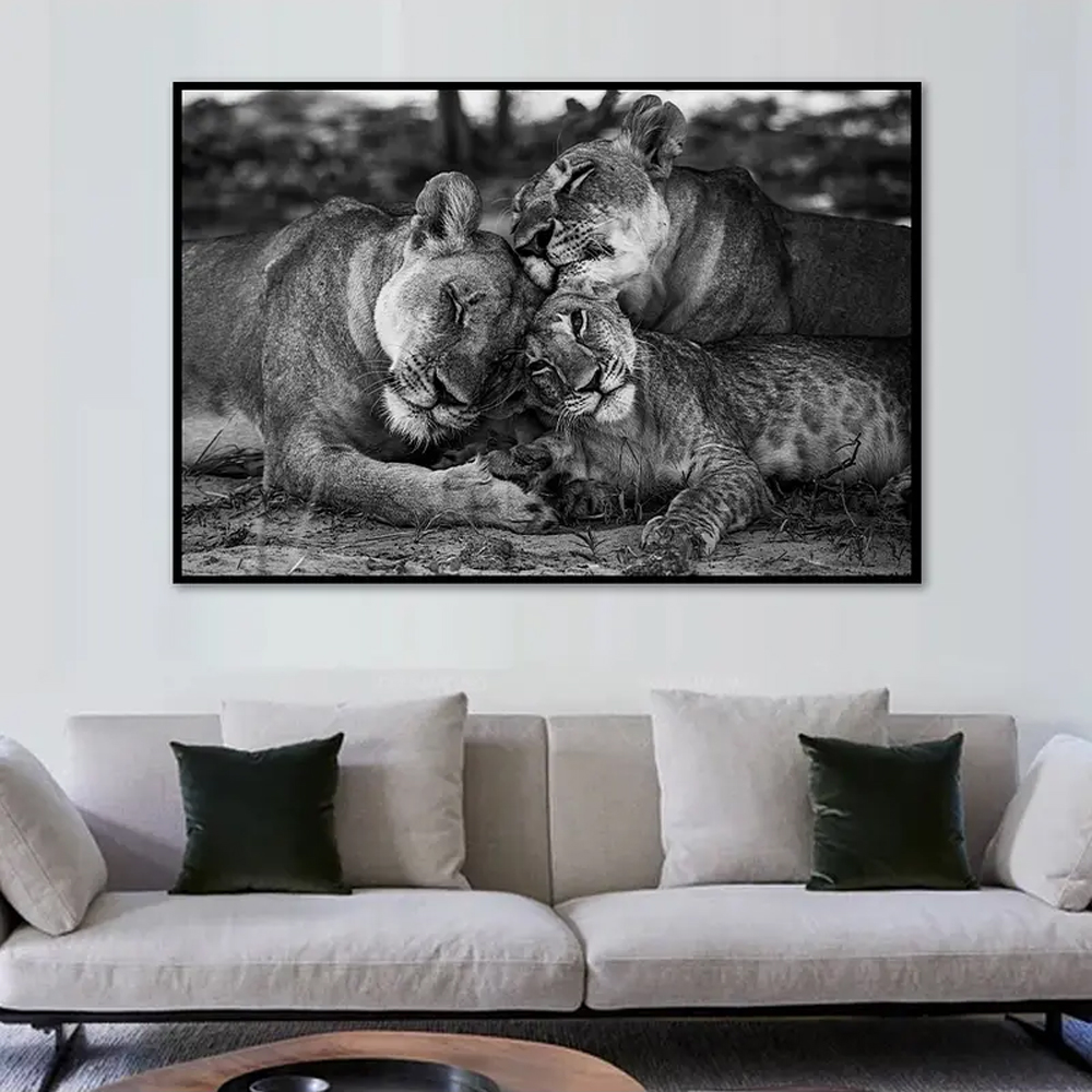 Quadro Decorativo Leão Natureza com Moldura Caixa de 3cm de Profundidade, na posição Horizontal, ideal para ambiente de Sala, Quarto e Hall de Entrada