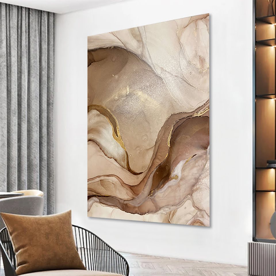 Quadro Decorativo Marmoreado Claro, com Moldura Caixa, na posição Vertical, ideal para ambiente de Sala, Quarto e Escritorio  (90x70cm)