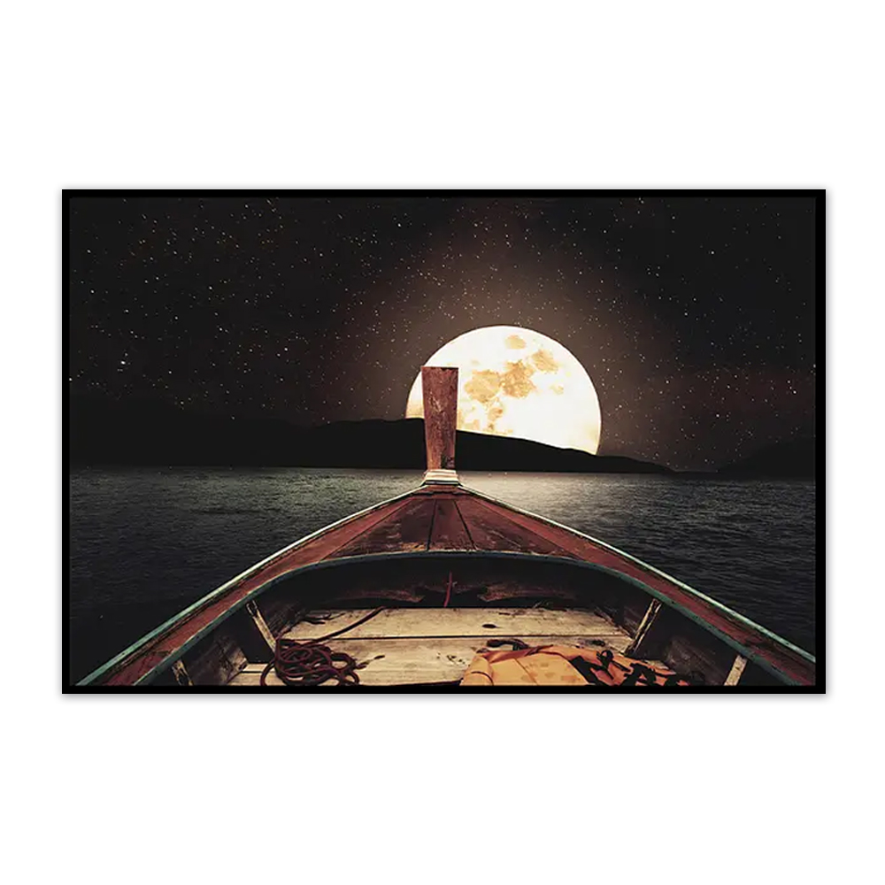 Quadro Decorativo Paisagem Luar com Moldura Caixa de 3cm de Profundidade, na posição Horizontal, ideal para ambiente de Sala, Quarto e Hall de Entrada